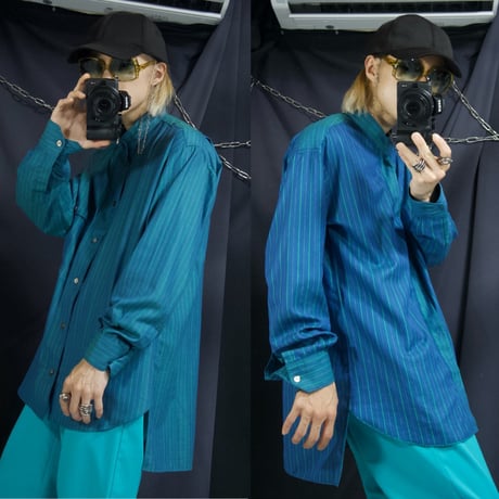USED Fabric Italy Fake Reversible Pure Cotton Chalk Stripe Graduation Emerald Band Collar L/S Shirts