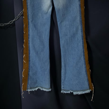 LazerJeans Side Fake Suede Leather Lace-Up Low Rise Wash Flare Denim