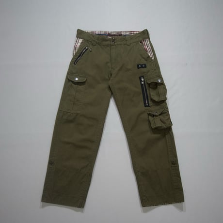 USED Multi Pockets & Zippers Gimmick Check Design Cargo Pants