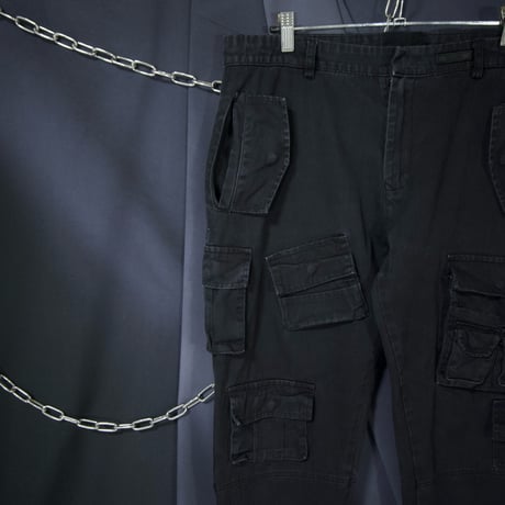 USED Multi Pockets Loose Tapered Piece Dyed Black Cotton Pants
