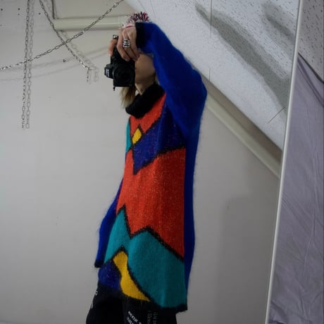 80s CLAUDIA D Geometric Patterns Glitter Thread Turtleneck Mohair Knit