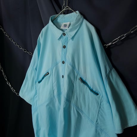 90s Euro C&A Cotton(Pique/Gauze Switch)DropShoulder BoxSilhouette HalfButtons Pullover S/S Shirts