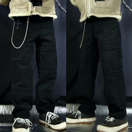 SLASH NUMBER Cross Fracture Barbed Wire TSUGIHAGI Fringe CutOff Design Pants