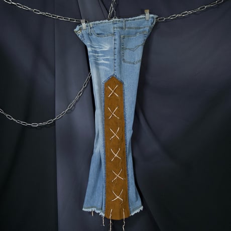 LazerJeans Side Fake Suede Leather Lace-Up Low Rise Wash Flare Denim