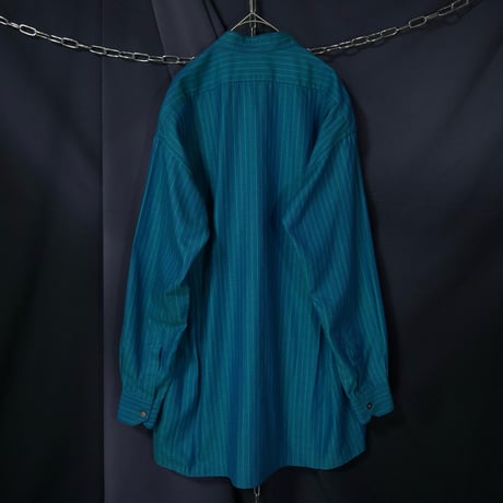 USED Fabric Italy Fake Reversible Pure Cotton Chalk Stripe Graduation Emerald Band Collar L/S Shirts