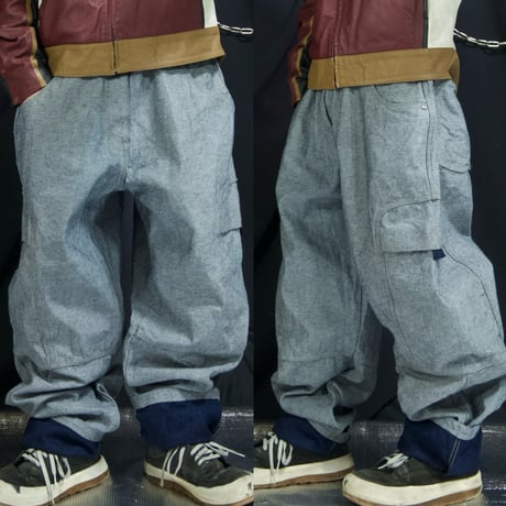 FUBU Matt Silver Grey/Indigo Blue Fake Reversible Baggy Cargo Raw Denim Pants