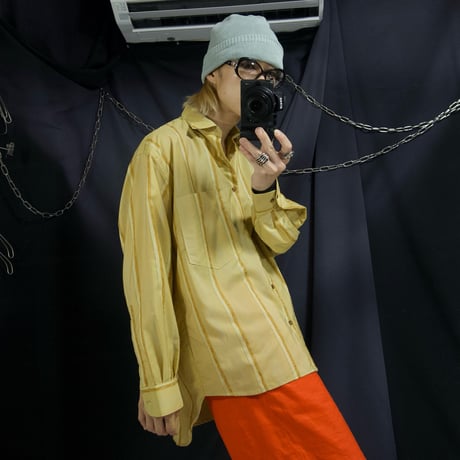c1990~ Deadstock PINGPONG Italy made Multi Stripe Lily Embroidery Rayon L/S Shirts