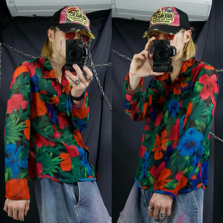 CHICO’s Flowers Full Graphics Sheer Silk100% Open Collar L/S Shirts