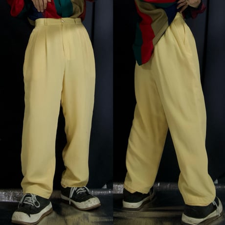 90s Bridgewater 2Tuck Silk 100% Pale yellow Pegtop Tapered Slacks