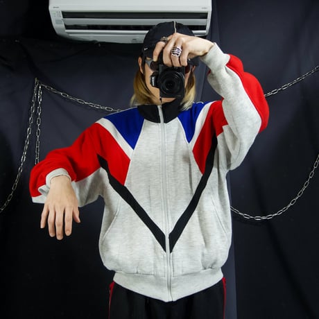 90s triples Diagonal Switching Full Zip HighNeck Rayon Sweat Shirt
