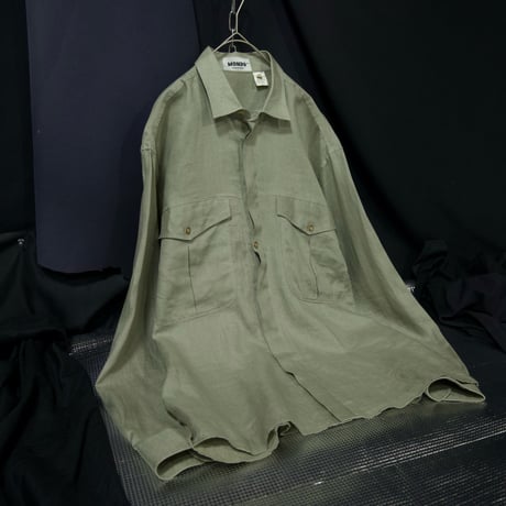90s MONDO Italy made Linen 100% Fly Front Light Sage Green Design L/S Shirts