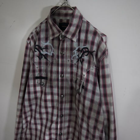 USED 00s taste Ombre Check Tribal Design L/S Western Shirts