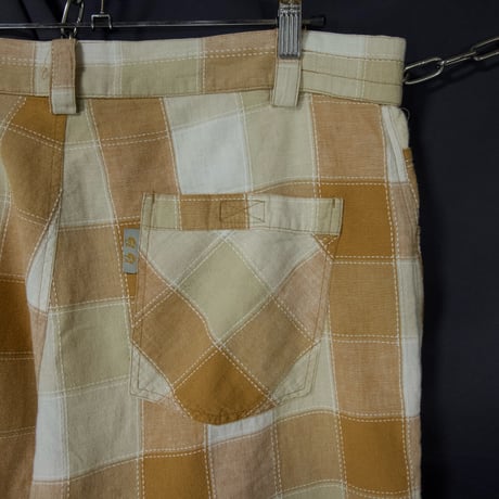 90s BUDABEAN Stitch work Patches Check Cotton Linen Baggy Shorts