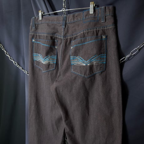 JINZU W38L30 Turquoise blue Embroidery Stitched Dark Grayish Red Baggy Denim