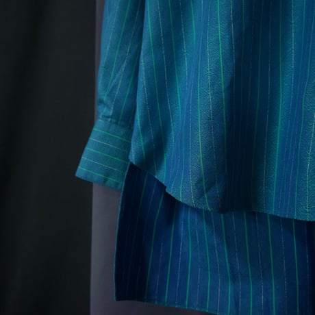 USED Fabric Italy Fake Reversible Pure Cotton Chalk Stripe Graduation Emerald Band Collar L/S Shirts