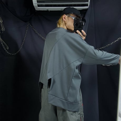 Unknown USED Deformation Cutting Asymmetry DropShoulder/Dolman Sleeve Zipper Gimmick L/S Tee
