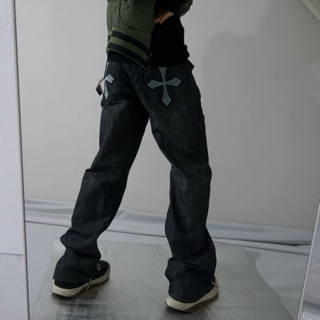 Deadstock HELIX Fade Washing Cross Embroidery BootsCut Black Denim