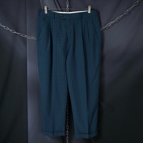 90s Pringle of Scotland Tartan Check Black Watch  2Tuck Center Crease Tapered Pique Baggy Slacks