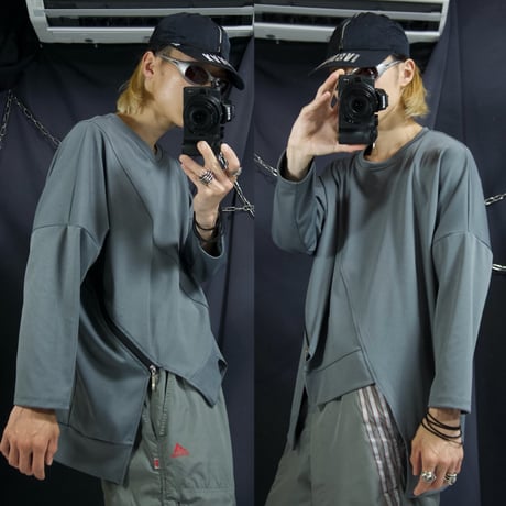 Unknown USED Deformation Cutting Asymmetry DropShoulder/Dolman Sleeve Zipper Gimmick L/S Tee