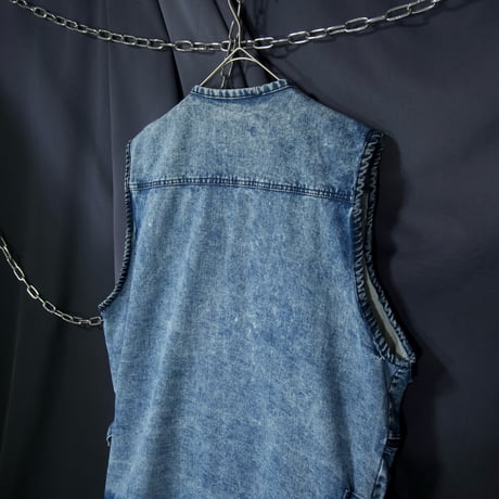 USED Chemical Wash Multi Pockets&Zipper Tech Gimmick Denim Vest