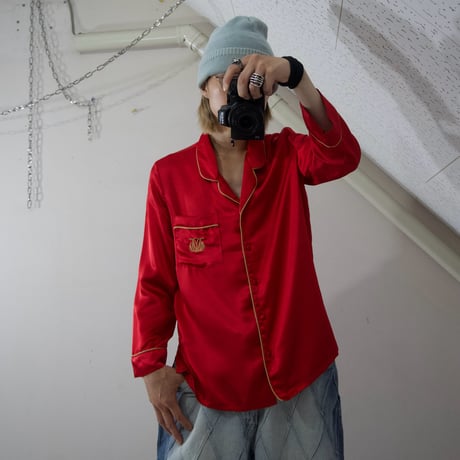 “Grunge Spice” LineaDonatella Shiny Satin Emblem Embroidery L/S Pajama Shirt