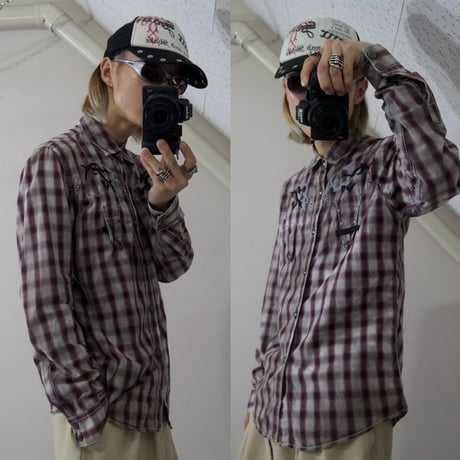 USED 00s taste Ombre Check Tribal Design L/S Western Shirts