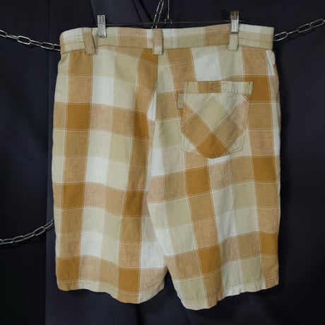 90s BUDABEAN Stitch work Patches Check Cotton Linen Baggy Shorts