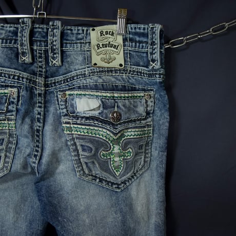 Rock Revival Fleurdelis Embroidery Orange Selvage Camouflage Switch Loose Straight Damage Wash Denim