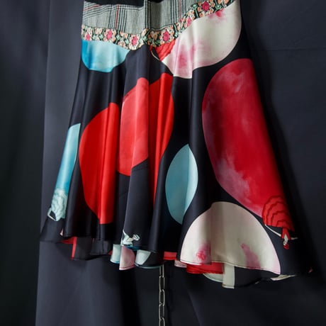 14AW TSUMORICHISATO Moon Dots GlenCheck Flower FullGraphic Silk 100% Tucks Flare Draping Midi Skirts