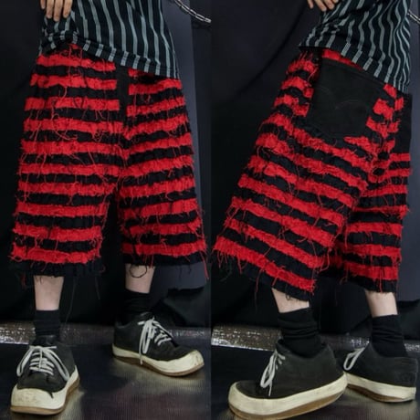 GYAKU_SOU All Hand Sewing  Denim Prisoner Borders Baggy Shorts