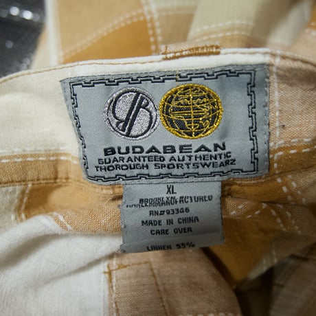 90s BUDABEAN Stitch work Patches Check Cotton Linen Baggy Shorts