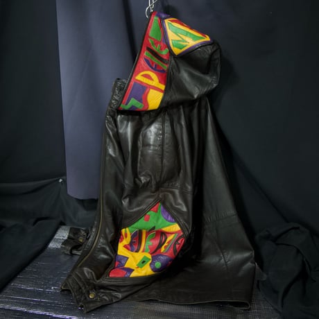 90s Marc Buchanan Pelle Pelle Dolman Sleeve Multi Color Embroidery Leather Jacket/Mountain Hoodie