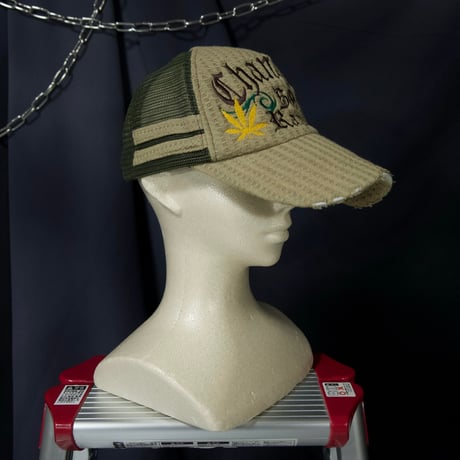 “2000s Spice” Fraktur Tribal Marijuana Embroidery Crush Hemp Mesh Cap