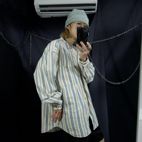 COURAGE Multi Color Chalk Stripes Stand Collar Oversized L/S Shirts