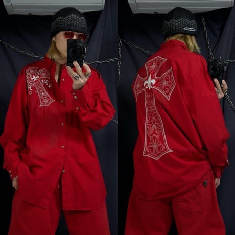 “00s HipHop Spice” Ablanche fleur-de-lis & Cross Embroidery Graphics L/S Shirts