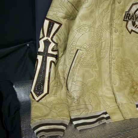 90s~00s RAWBLUE “Junk” All Embroidery Cross Emblem Patches PU Leather Stadium Jacket