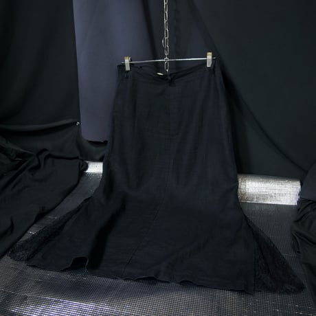 ELVA CAVALETTI Italy Made Black Linen Side Flower Lace Flare Skirt