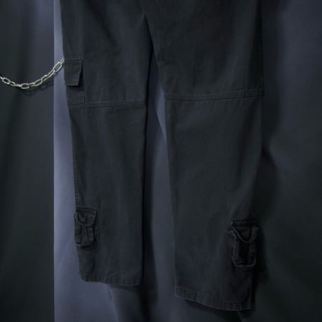 USED Multi Pockets Loose Tapered Piece Dyed Black Cotton Pants