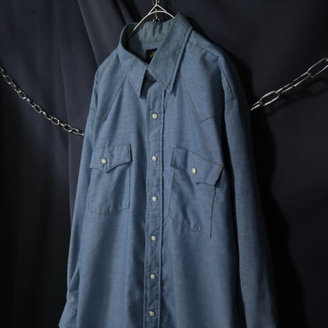 80s SADDLE KING WESTERN By KEY USA made Iceblue Chambray Denim L/S Western Shirts