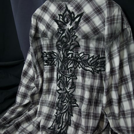 Roar Flowers&Cross Embroidery L/S Cotton Check Western Shirts