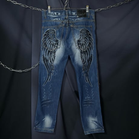 K&M Jeans KOSMO MODA Feathers Embroidery Silver Stitched Wash Denim