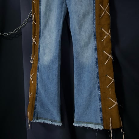 LazerJeans Side Fake Suede Leather Lace-Up Low Rise Wash Flare Denim