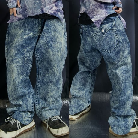 True Religion W42 Chemical Wash Bleach Embroidery Baggy Denim