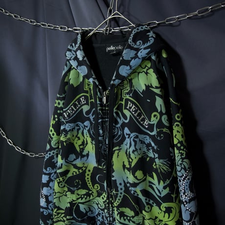 90s~00s Pelle Pelle Psychedelic Tiger Rhine Stone Frocky Graphics Heavyweight FullZip Sweat Hoodie