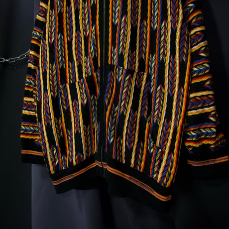00s Ak:cess Multi Color Border Stripe Oversized Acrylic Full zip 3D Knit Hoodie Sweater