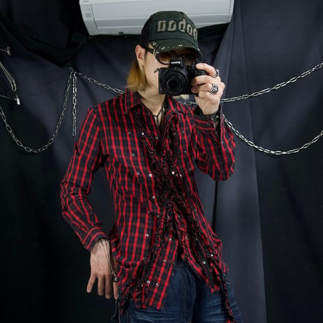 00s Diesel Block & Ombre Check Deformation Frills ( Bondage Parachute ) L/S Shirts