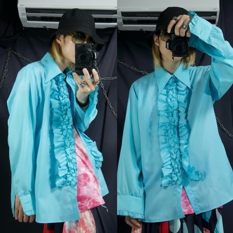 L&M Fashions Turquoise Blue Twill L/S Frills Shirts