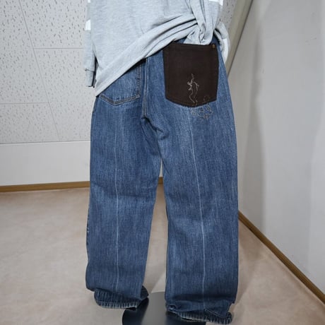 Indigo Red Design Wide Denim Pants