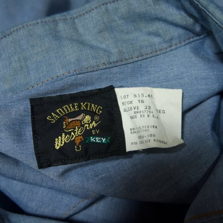 80s SADDLE KING WESTERN By KEY USA made Iceblue Chambray Denim L/S Western Shirts