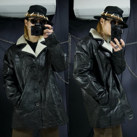 USED TSUGIHAGI Leather Boa Collar Chester Gang Coat